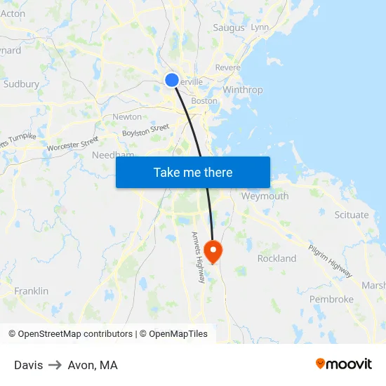 Davis to Avon, MA map