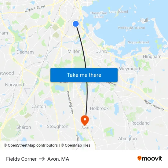 Fields Corner to Avon, MA map