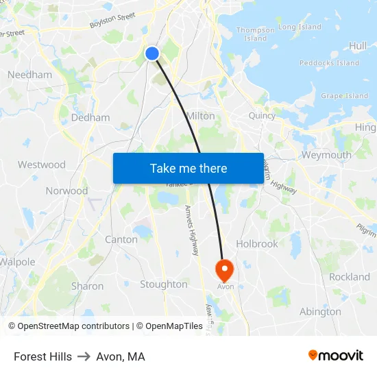 Forest Hills to Avon, MA map