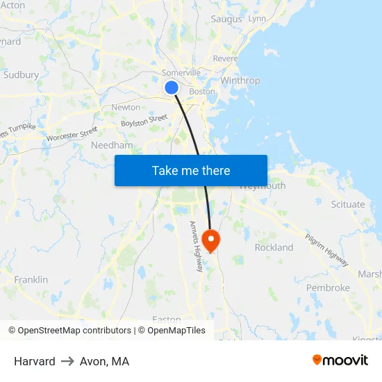 Harvard to Avon, MA map