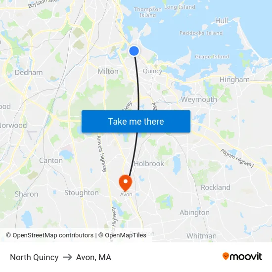 North Quincy to Avon, MA map