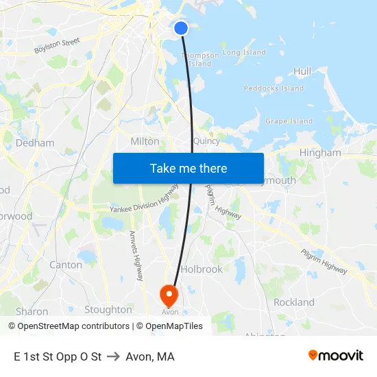 E 1st St Opp O St to Avon, MA map