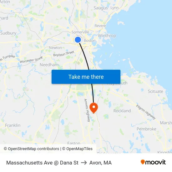 Massachusetts Ave @ Dana St to Avon, MA map