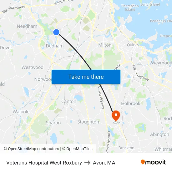 Veterans Hospital West Roxbury to Avon, MA map