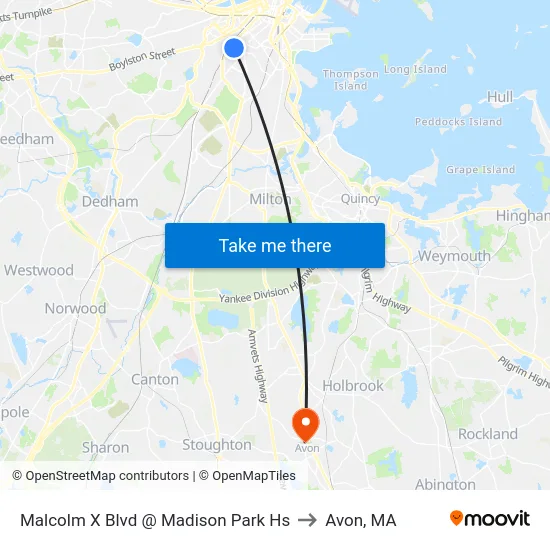 Malcolm X Blvd @ Madison Park Hs to Avon, MA map