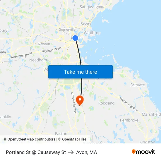 Portland St @ Causeway St to Avon, MA map