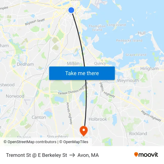 Tremont St @ E Berkeley St to Avon, MA map