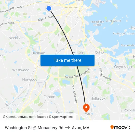 Washington St @ Monastery Rd to Avon, MA map