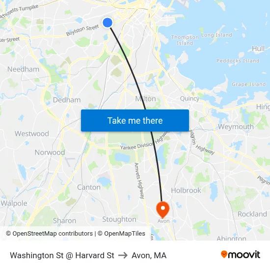 Washington St @ Harvard St to Avon, MA map