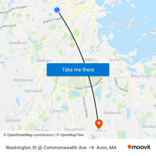 Washington St @ Commonwealth Ave to Avon, MA map