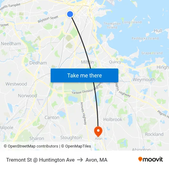 Tremont St @ Huntington Ave to Avon, MA map