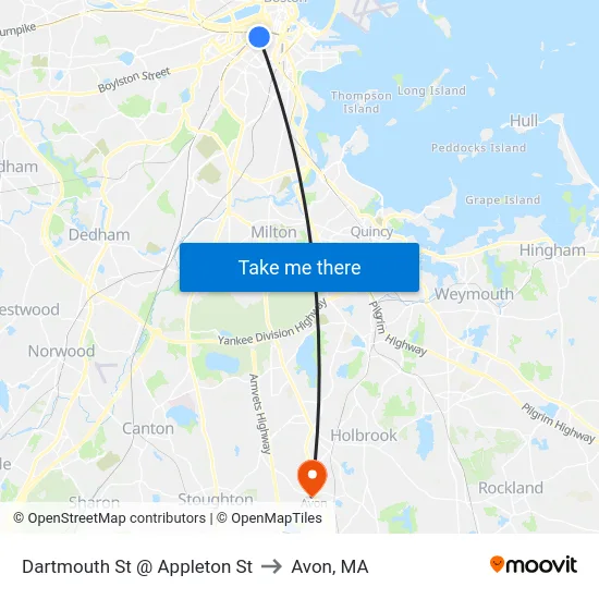 Dartmouth St @ Appleton St to Avon, MA map