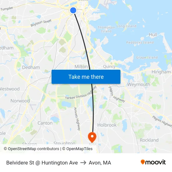 Belvidere St @ Huntington Ave to Avon, MA map