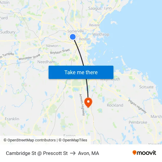 Cambridge St @ Prescott St to Avon, MA map