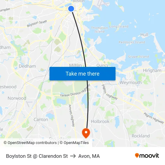 Boylston St @ Clarendon St to Avon, MA map