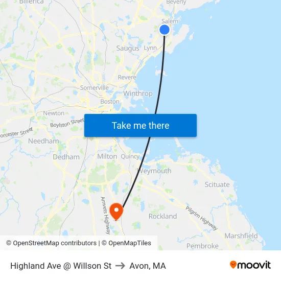 Highland Ave @ Willson St to Avon, MA map