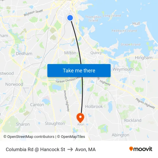 Columbia Rd @ Hancock St to Avon, MA map