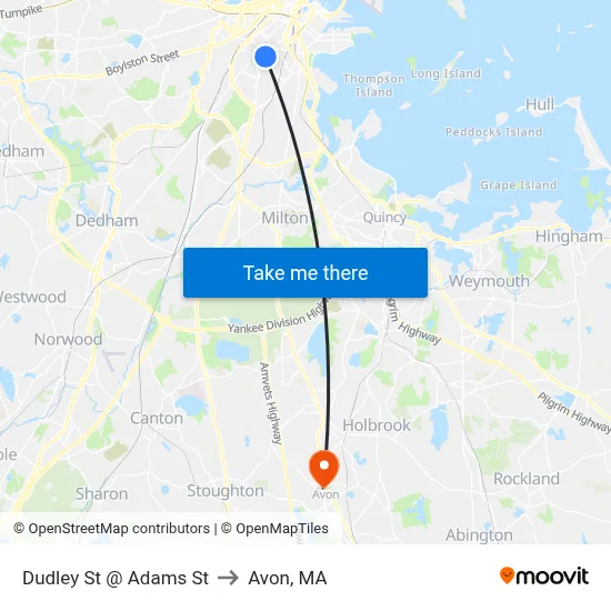 Dudley St @ Adams St to Avon, MA map
