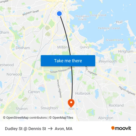 Dudley St @ Dennis St to Avon, MA map