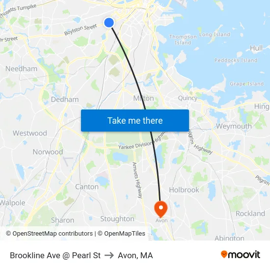 Brookline Ave @ Pearl St to Avon, MA map