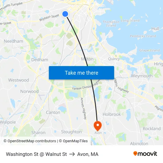 Washington St @ Walnut St to Avon, MA map