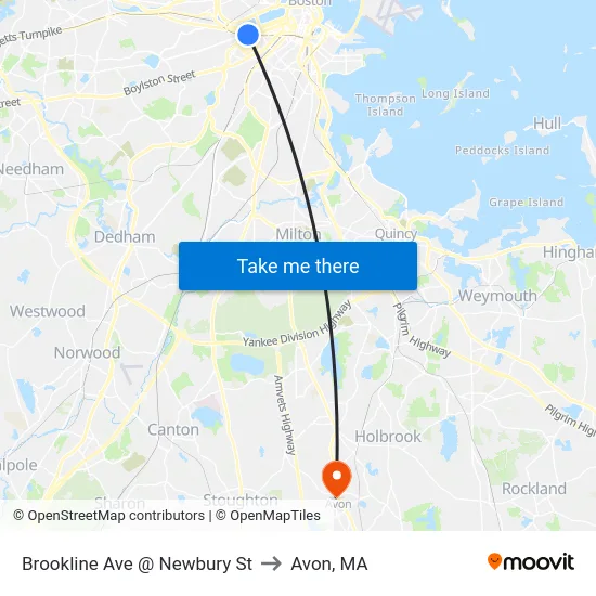 Brookline Ave @ Newbury St to Avon, MA map