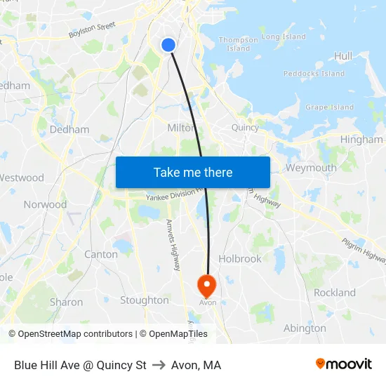 Blue Hill Ave @ Quincy St to Avon, MA map