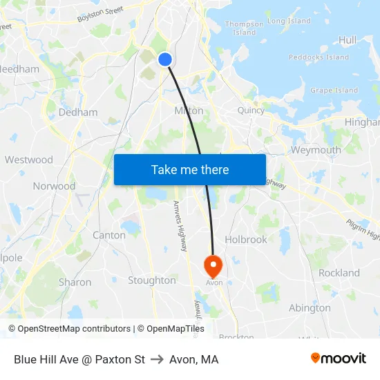 Blue Hill Ave @ Paxton St to Avon, MA map
