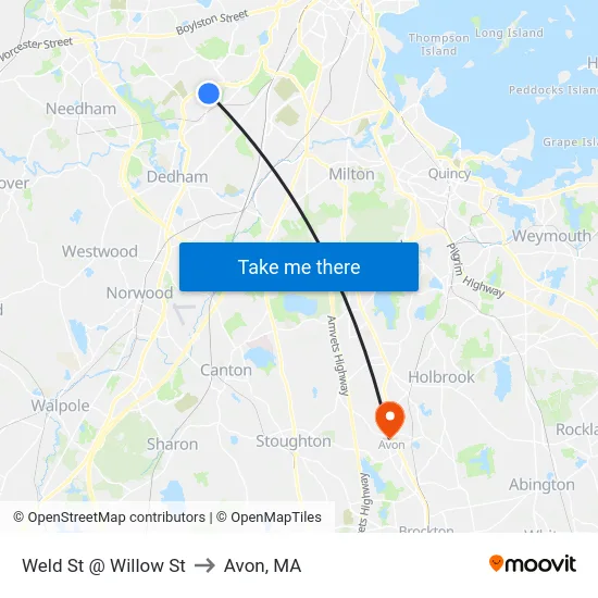 Weld St @ Willow St to Avon, MA map