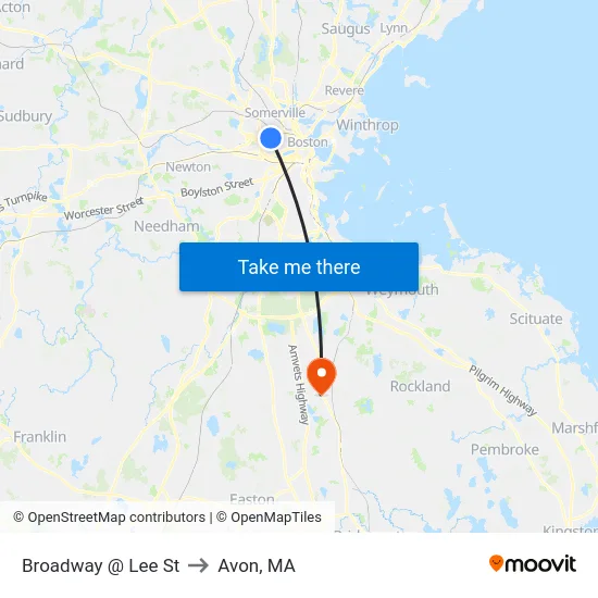 Broadway @ Lee St to Avon, MA map