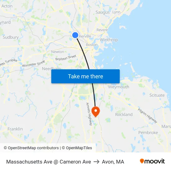 Massachusetts Ave @ Cameron Ave to Avon, MA map