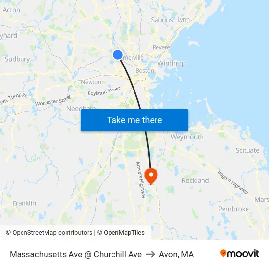 Massachusetts Ave @ Churchill Ave to Avon, MA map