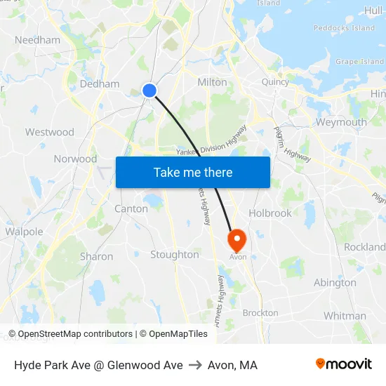 Hyde Park Ave @ Glenwood Ave to Avon, MA map