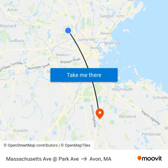 Massachusetts Ave @ Park Ave to Avon, MA map