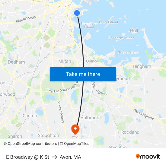 E Broadway @ K St to Avon, MA map