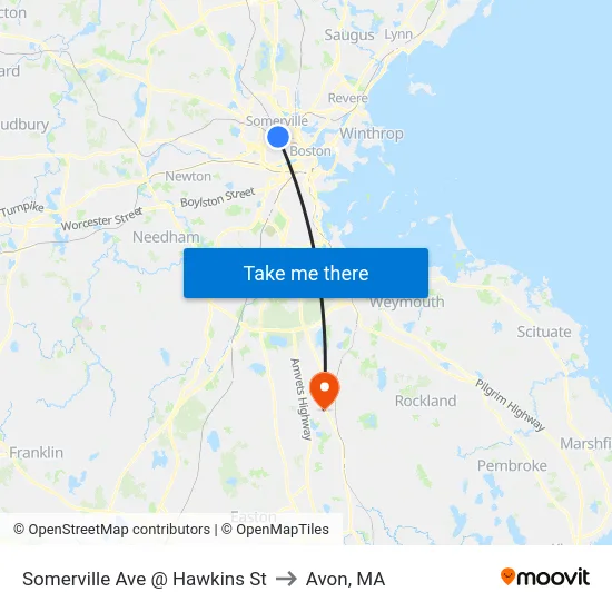 Somerville Ave @ Hawkins St to Avon, MA map