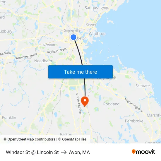 Windsor St @ Lincoln St to Avon, MA map