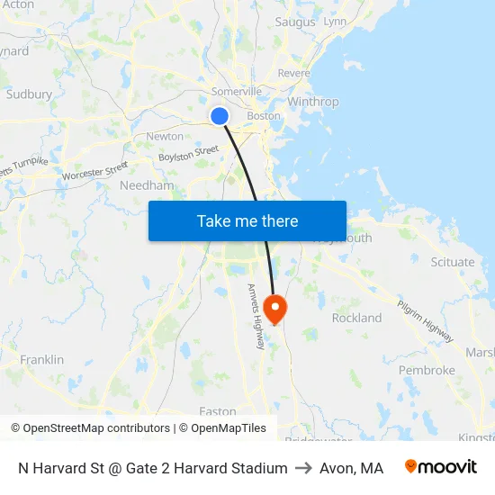 N Harvard St @ Gate 2 Harvard Stadium to Avon, MA map