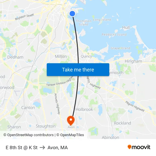 E 8th St @ K St to Avon, MA map