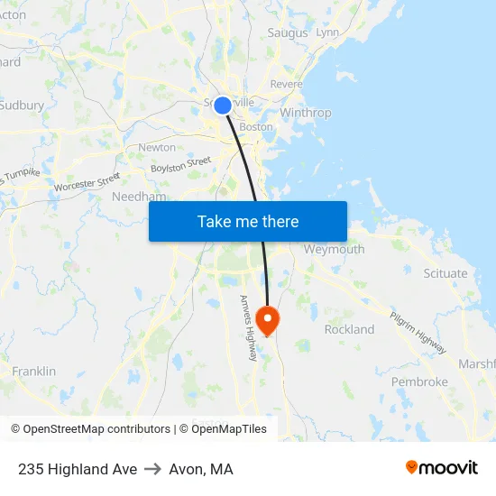 235 Highland Ave to Avon, MA map
