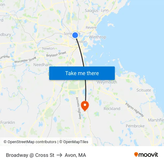 Broadway @ Cross St to Avon, MA map