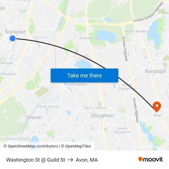 Washington St @ Guild St to Avon, MA map