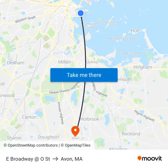 E Broadway @ O St to Avon, MA map