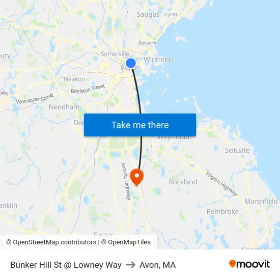 Bunker Hill St @ Lowney Way to Avon, MA map