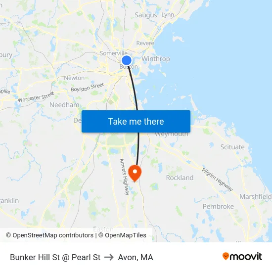 Bunker Hill St @ Pearl St to Avon, MA map