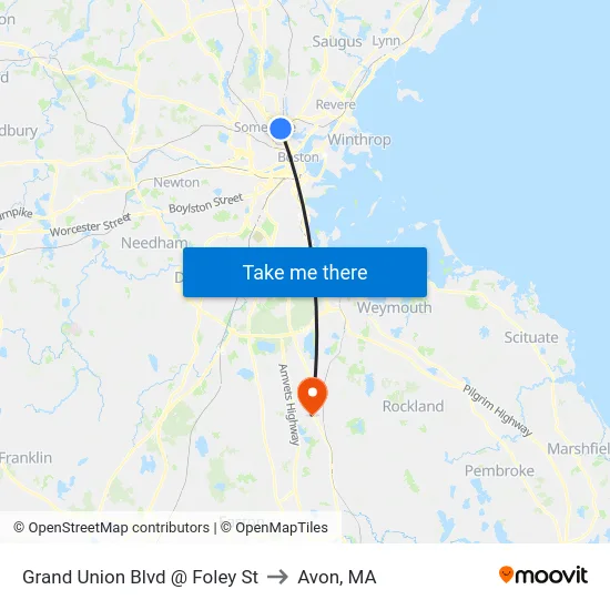 Grand Union Blvd @ Foley St to Avon, MA map