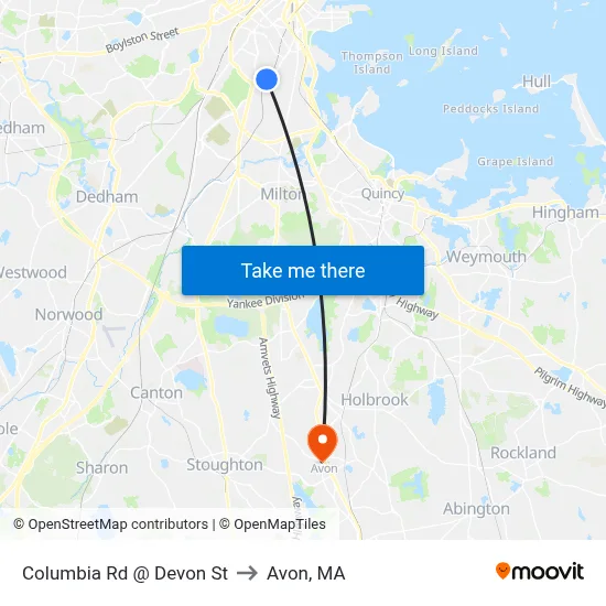 Columbia Rd @ Devon St to Avon, MA map