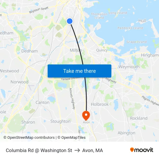 Columbia Rd @ Washington St to Avon, MA map