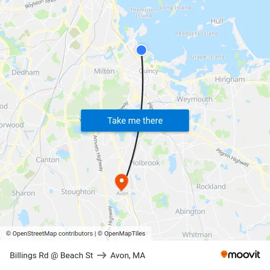 Billings Rd @ Beach St to Avon, MA map
