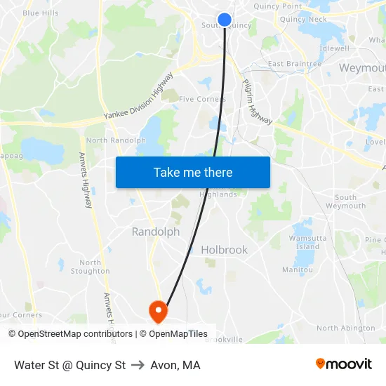 Water St @ Quincy St to Avon, MA map